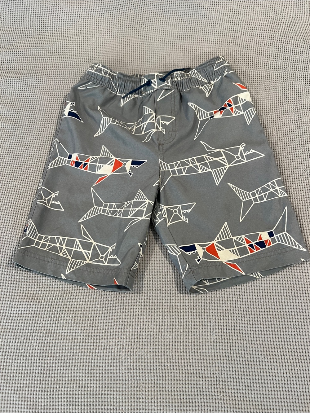 Tea Collection Gray Swim Trunks with Geometrical Nautical Shark Design
